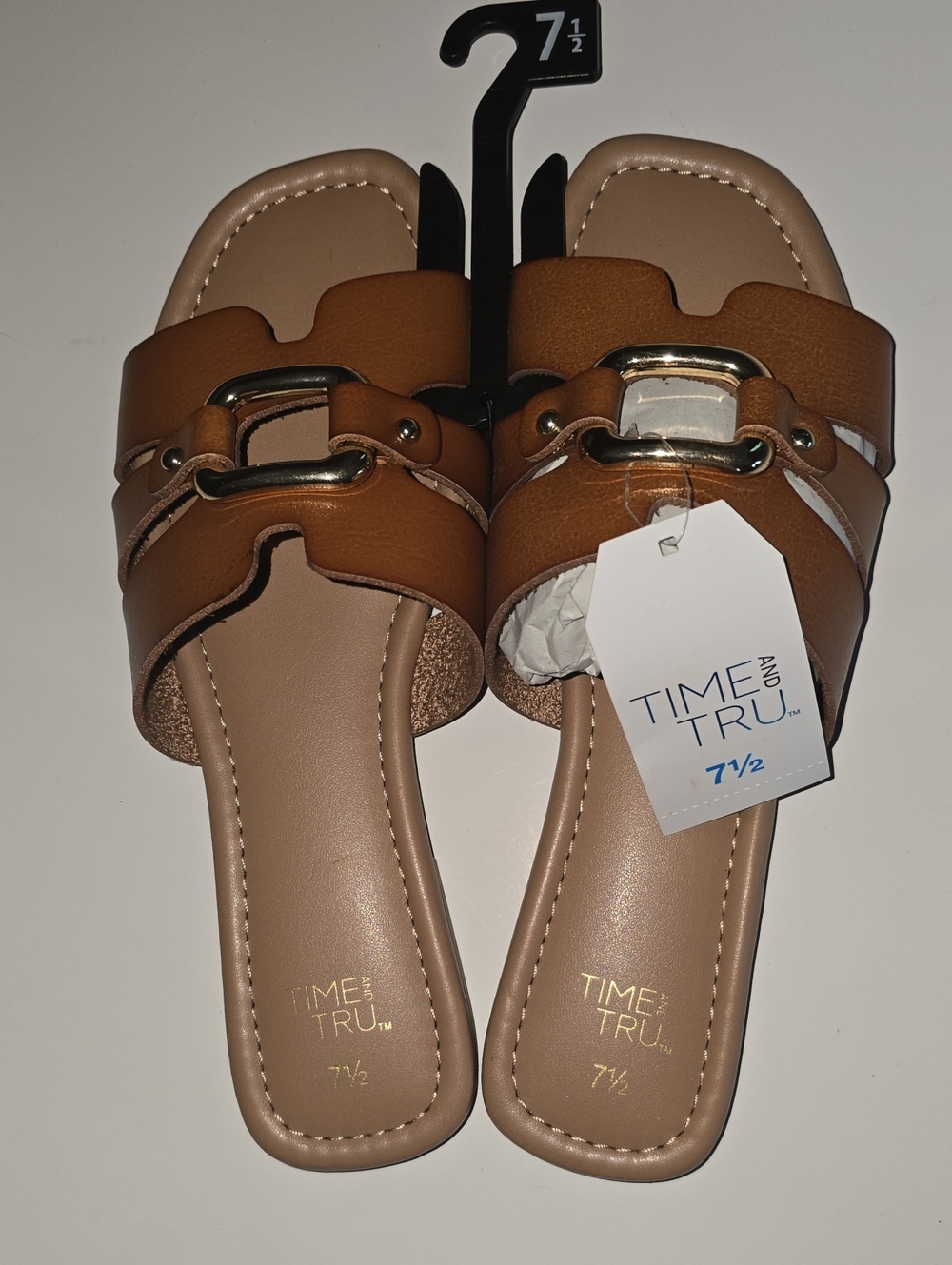 Time and Tru Brown Slide Sandals with Gold Hardware Size 7.5 NEW